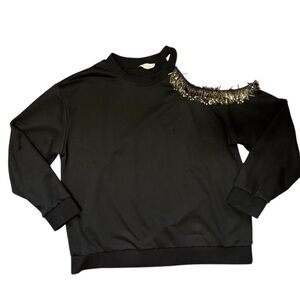 STELLAH asymmetrical black beaded fringe cold shoulder crew neck top women’s XL